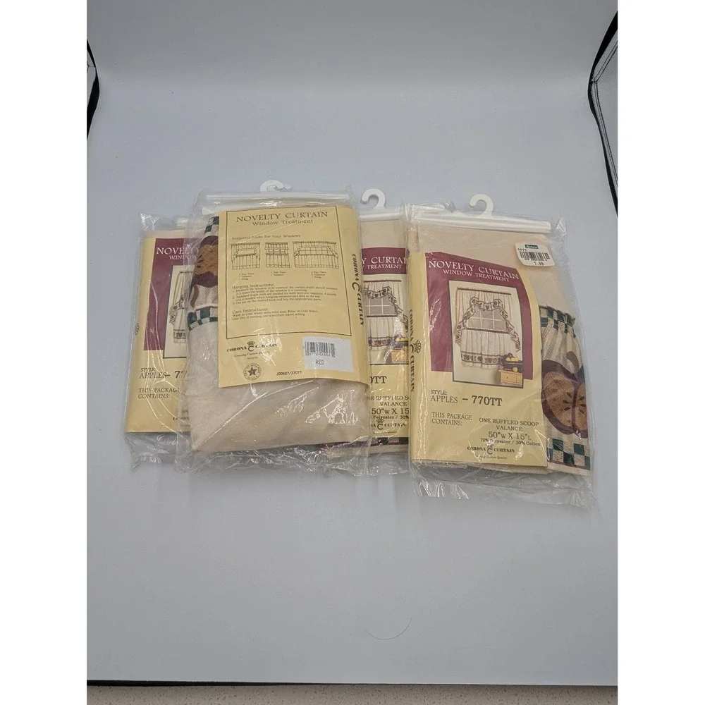 Corona Curtain Ruffled Scoop Valance Set 4 Cream Apple Print 50x15 NEW NOS